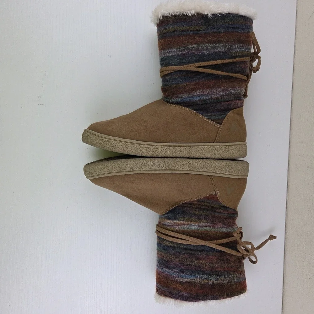 Airwalk Venus Mid Calf Boots Womens‎ Sz 7.5 Cognac Brown Multicolor Sherpa Lined